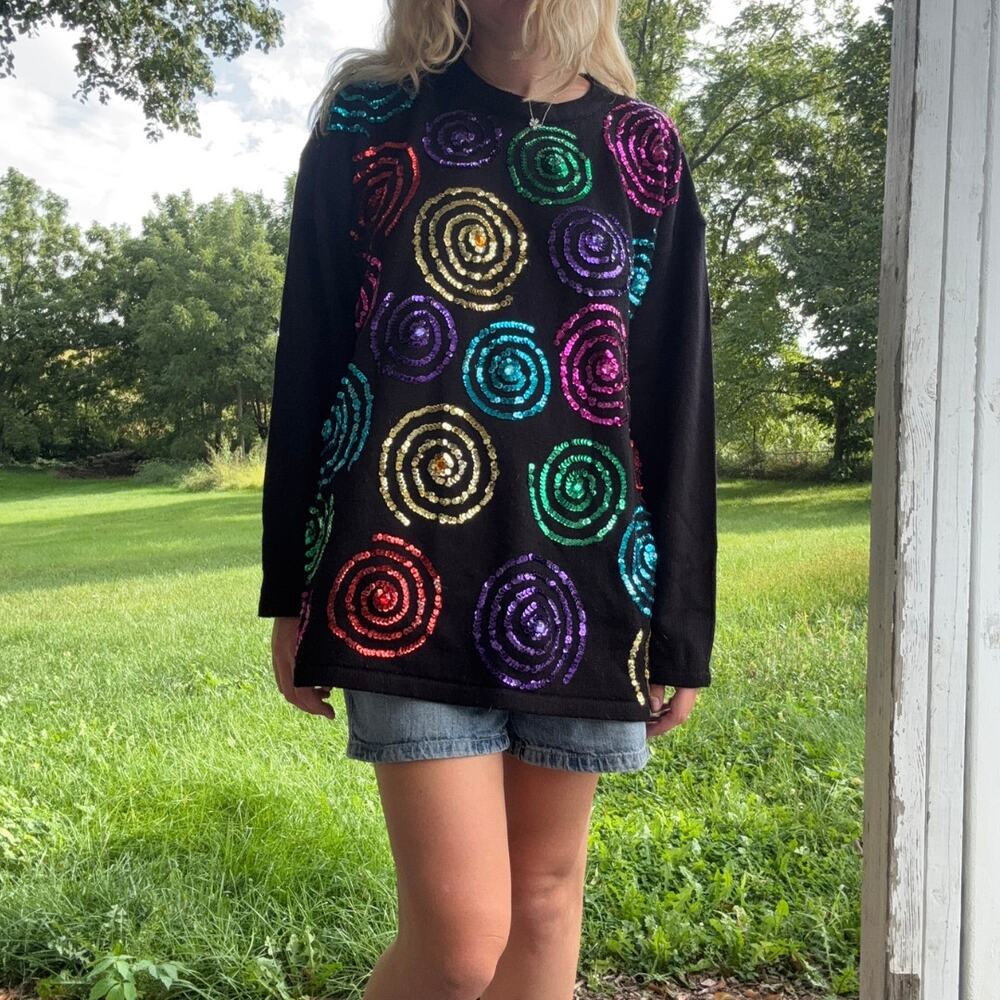 Vintage 90s Maggie Barnes Sequin Spiral Oversized Crewneck Sweater Size 2X
